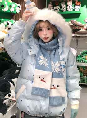 文文不乖原创雪花可爱雪人魔术贴棉服毛领连帽女秋冬季加厚棉衣