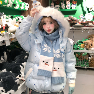 文文不乖原创雪花可爱雪人魔术贴棉服毛领连帽女秋冬季 加厚棉衣