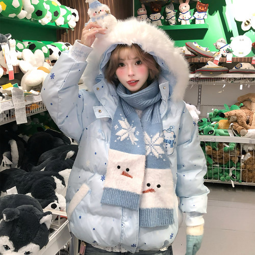 文文不乖原创雪花可爱雪人魔术贴棉服毛领连帽女秋冬季加厚棉衣