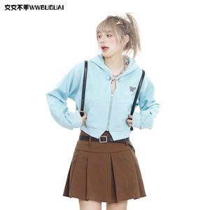 文文不乖美式复古潮牌短款设计感小众甜酷连帽开衫卫衣外套女秋季