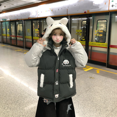 文文不乖原创设计可爱小狗卡通刺绣插肩袖连帽围巾棉服女秋冬保暖