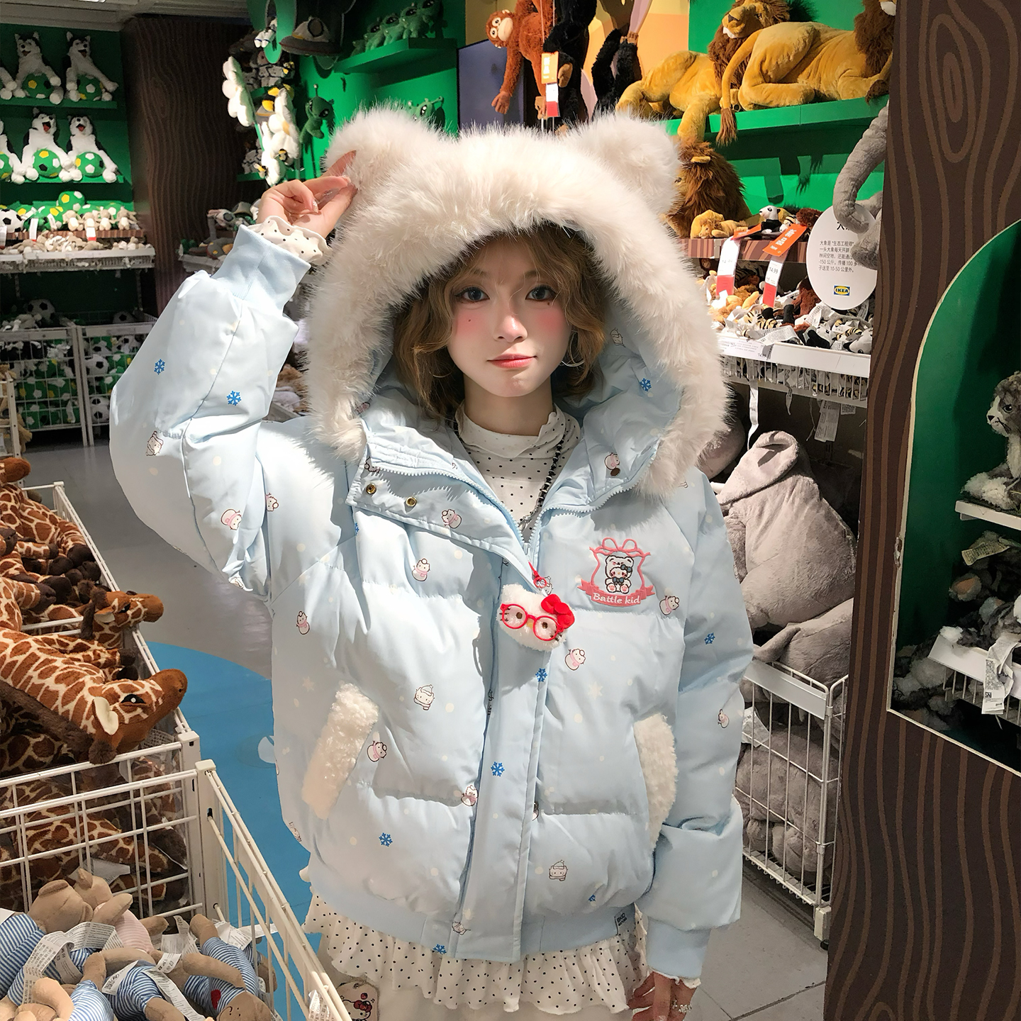 文文不乖原创KT挂件毛领耳朵连帽棉服女秋冬可爱软萌加厚保暖棉衣