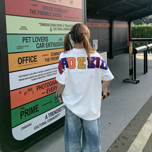 T恤男女宽松潮牌上衣白色 字母刺绣短袖 文文不乖美式 高街风