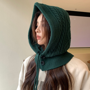 复古墨绿色巴拉克拉法帽子毛线针织女冬季儿童护颈围脖子护耳一体