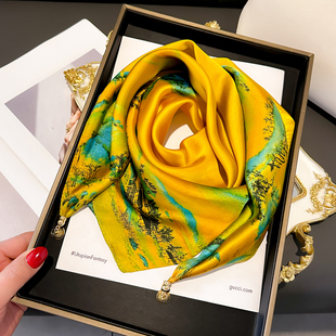 千里江山图磁吸扣三角小方巾丝巾女黄色春秋夏季护颈围脖子围巾70