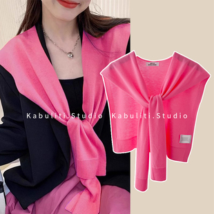 玫红粉色针织外搭小披肩女空调房护颈坎肩薄围巾网红搭配衬衫裙子