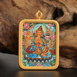 热贡唐卡吊坠纯手绘西藏民族风黄财神扎基拉姆纯铜嘎乌盒护身符