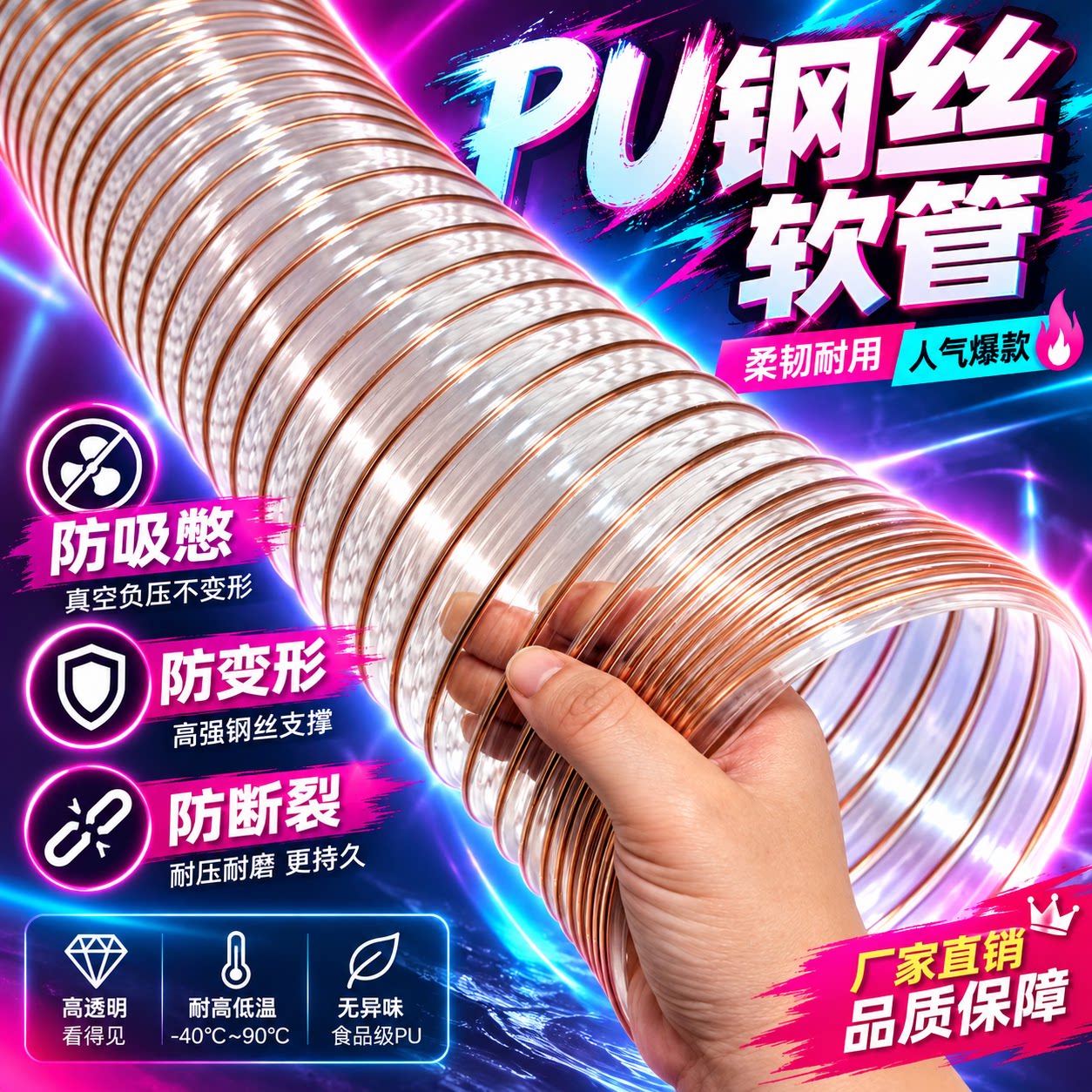 PU钢丝软管吸尘通风管透明伸缩排烟软管木工雕刻机PCB设备除尘管