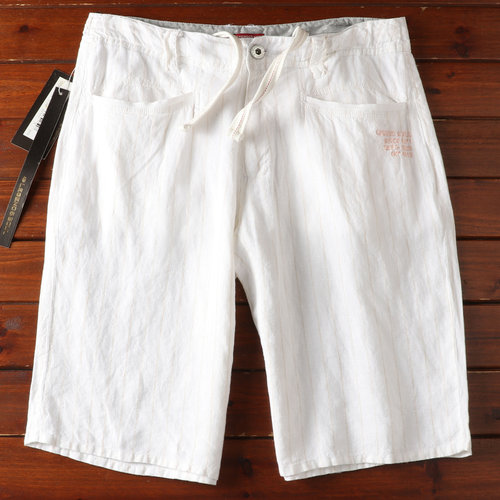 法国奢级 100亚麻水洗凉爽透气春夏男士复古条纹短裤直筒休闲裤潮