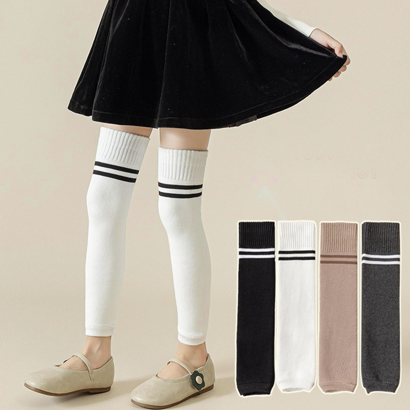 春秋女童袜套学生过膝条纹加厚长筒护膝精梳棉二道杠运动白色袜套