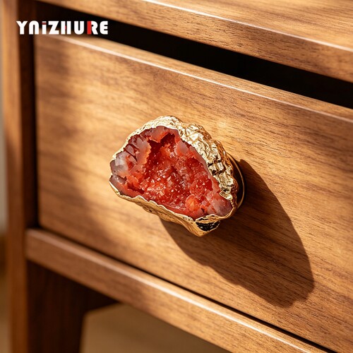北欧式拉手黄铜轻奢自然主义天然水晶芽碗聚宝洞柜门抽屉单孔把手