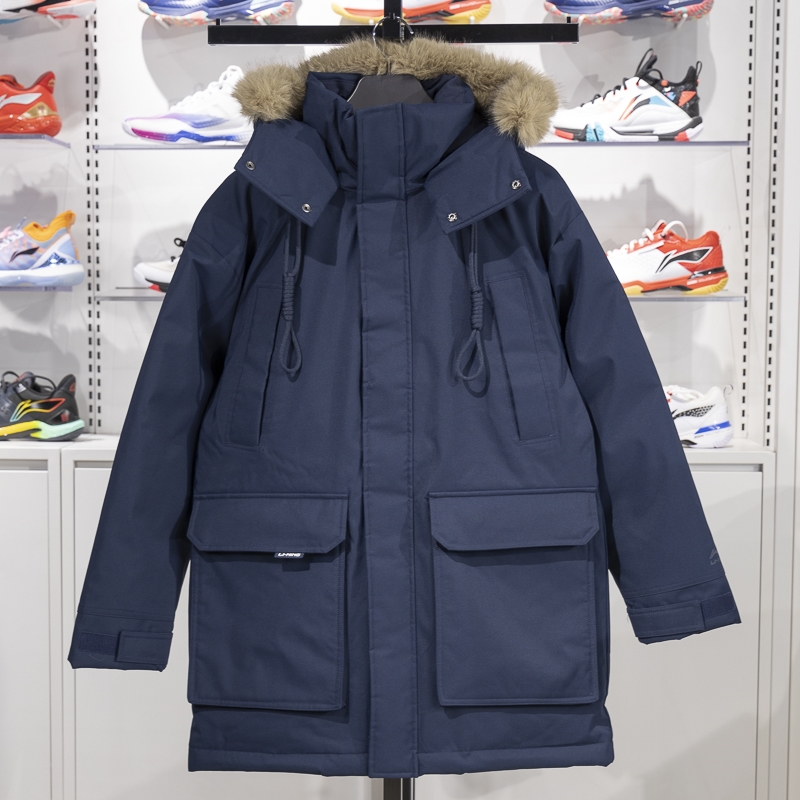 李宁连帽毛领中长款羽绒