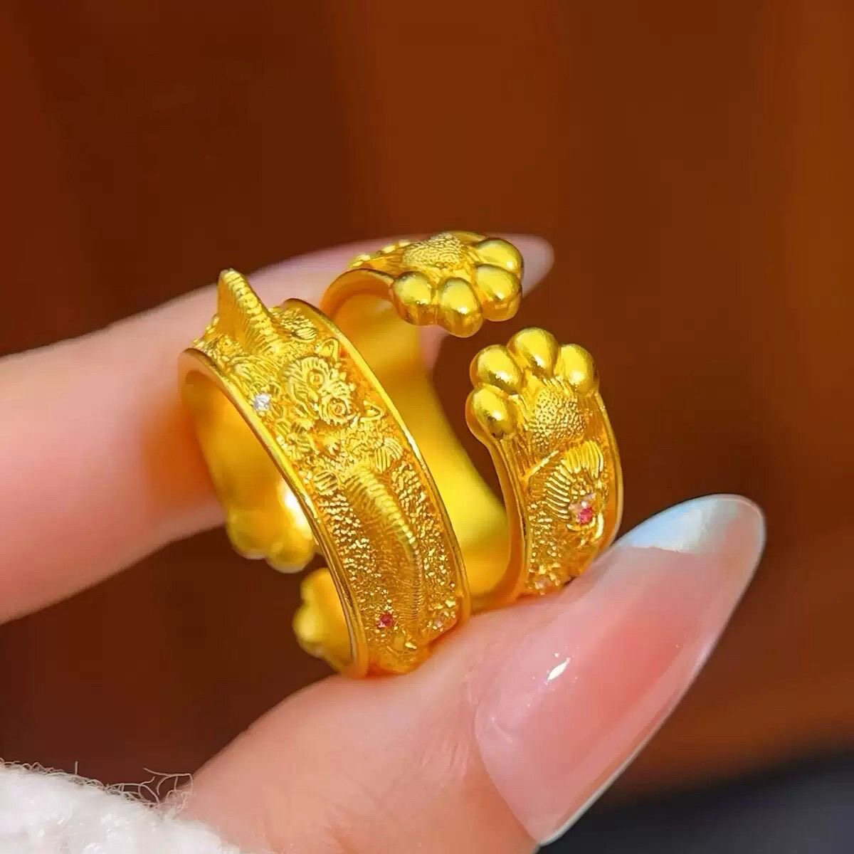 小猫耳朵爪爪戒指手工錾刻可爱趣味设计