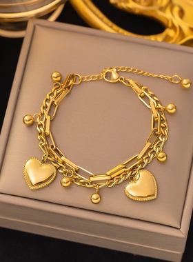 夸张嘻哈风手链爱心双层叠链网红个性手饰钛钢饰品欧美法式