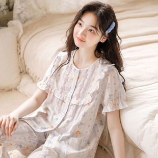 新款 纯棉短袖 睡衣女夏季 薄款 女士夏天大码 宽松甜美纯色家居服套装