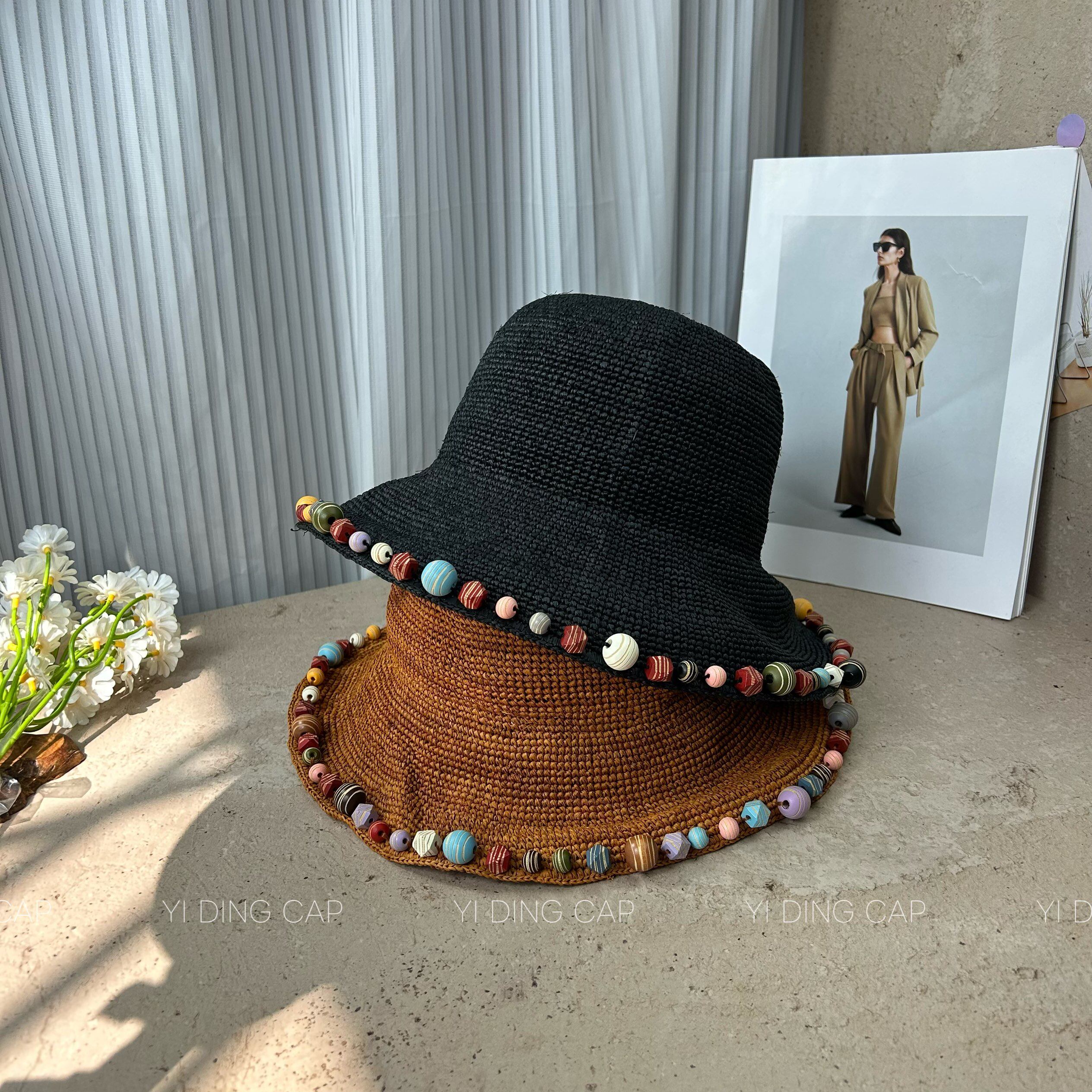 钩针拉菲草西米亚手工珠边渔夫帽子女夏季防晒草帽盆帽民族风潮