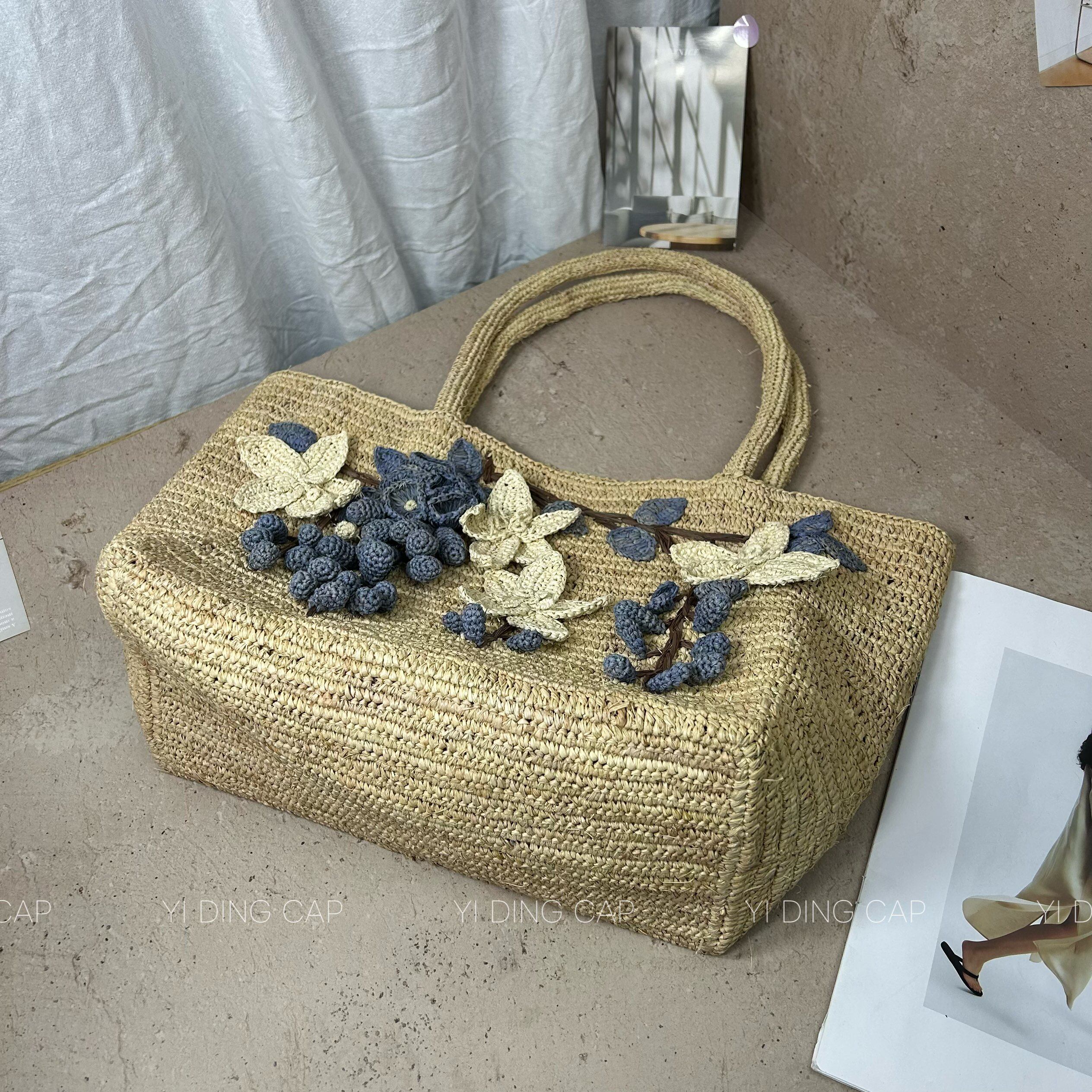 夏季拉菲草钩针花朵大容量托特包