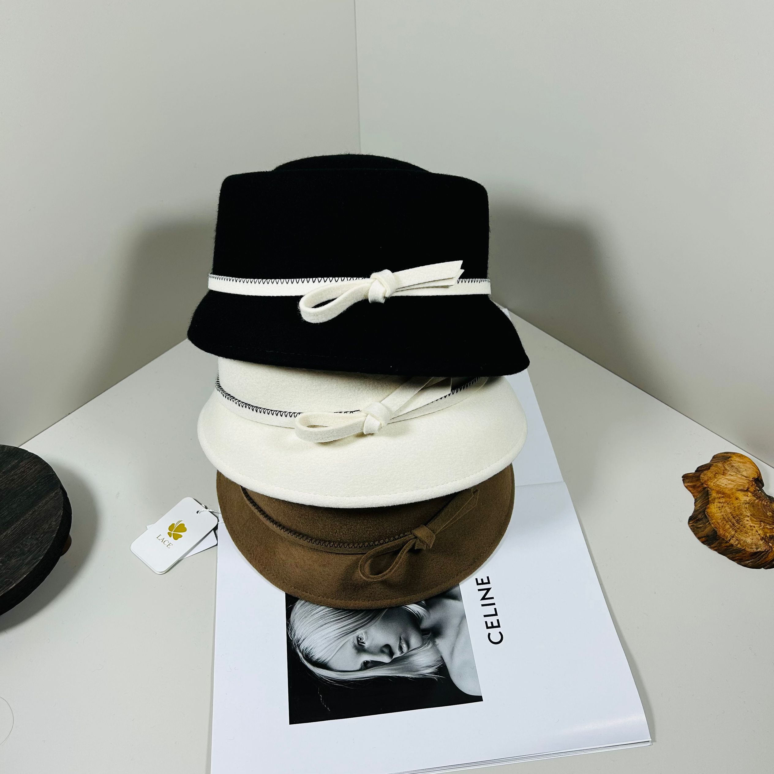 法式复古黑色毛呢蝴蝶结礼帽赫本风千金气质圆顶盆帽帽子秋冬新款