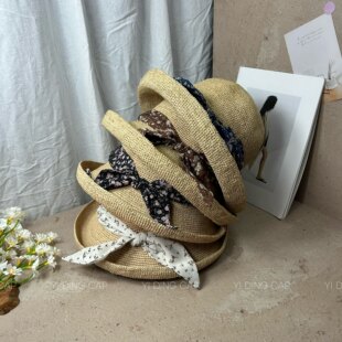 拉菲草钩针赫本风小碎花蝴蝶结草帽女夏季遮阳防晒盆帽卷边渔夫帽