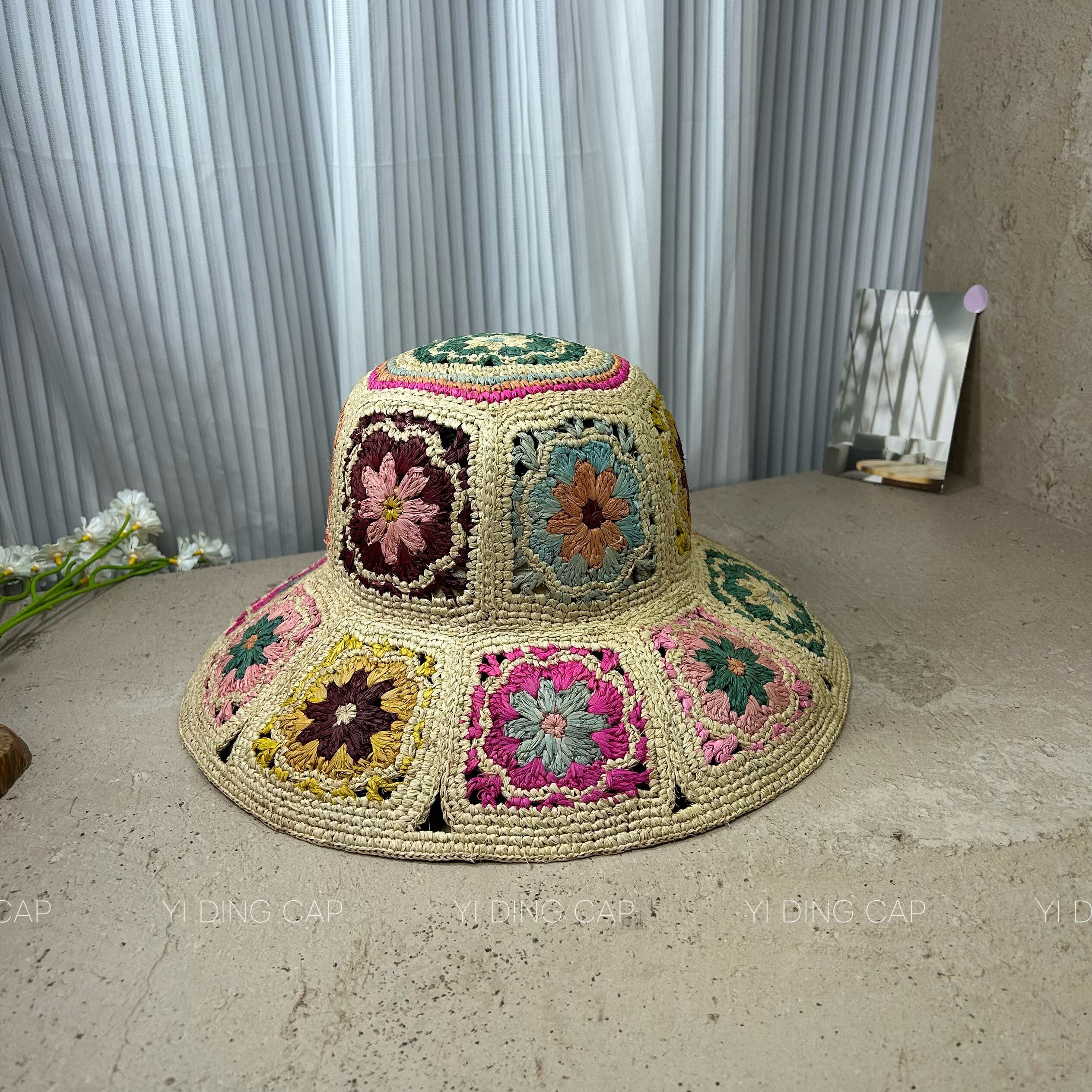 钩针拉菲草-手工双面刺绣花朵图案渔夫帽女夏季沙滩遮阳草帽盆帽