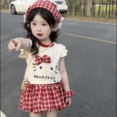 韩版 女童夏季 T恤洋气格子裙裤 宝宝百搭设计感卡通短袖 两件套 套装