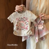 女童套装 T恤不规则格子半身裙两件套 宝宝洋气卡通短袖 25夏季 新款
