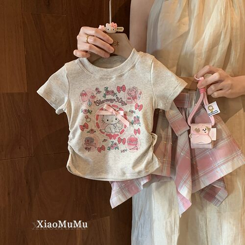 女童套装夏季宝宝洋气短袖格子裙