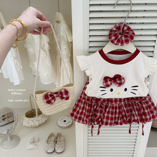 女童套装夏季新款红色KT猫蝴蝶结背心格子套装时髦洋气可爱两件套