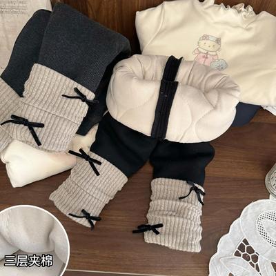 女宝宝超厚三层夹棉打底裤女童冬季外穿加厚洋气翻边针织保暖裤子