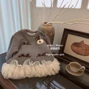 女童加绒连衣裙2025秋冬装宝宝韩系甜美一体绒加厚洋气兔子卫衣裙