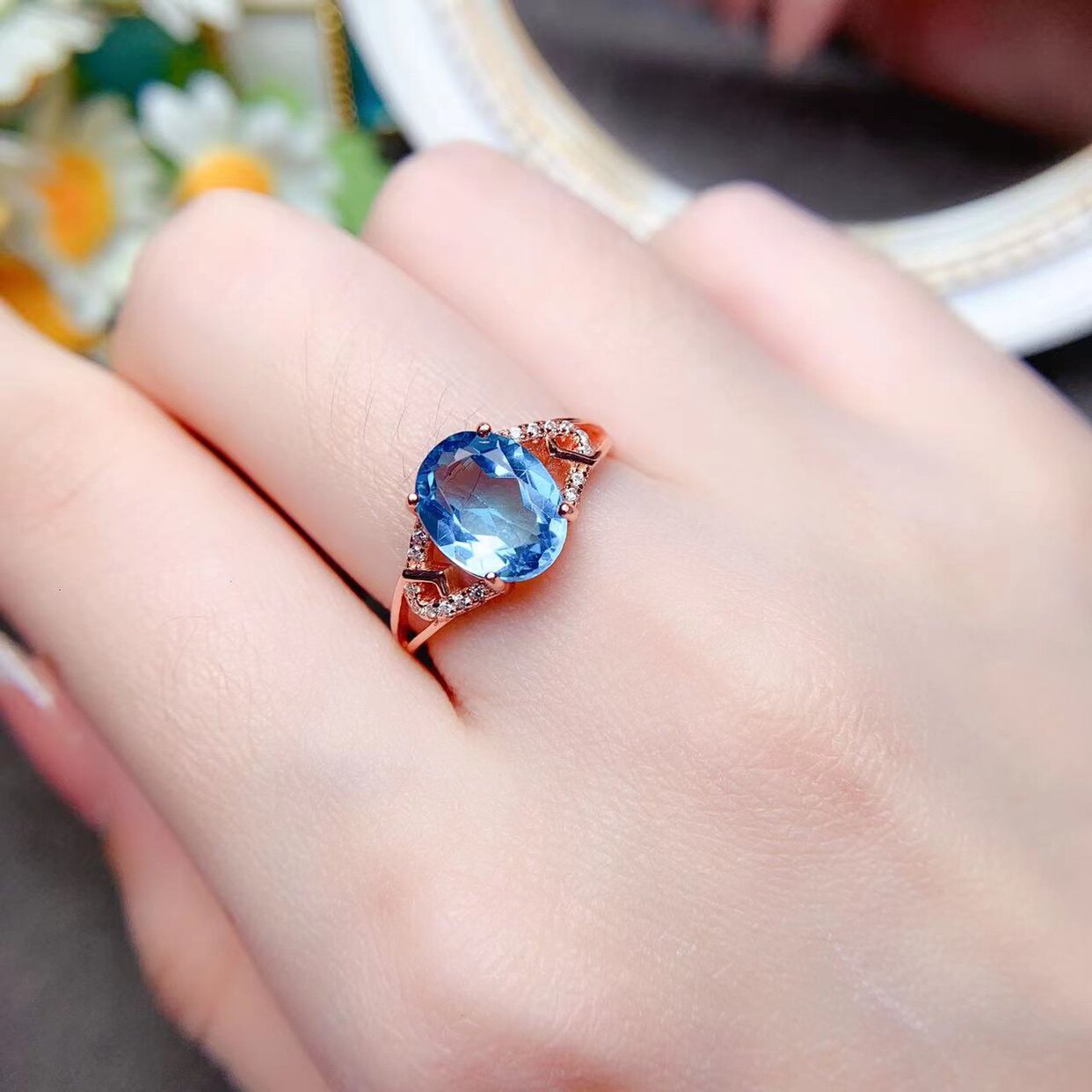 天然托帕石戒指女S925纯银个性时尚简约蓝色宝石活口指环韩版礼物