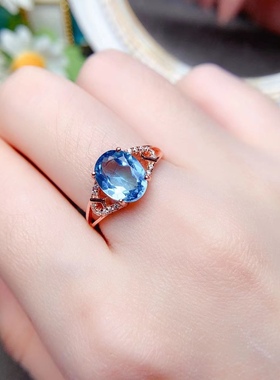 天然托帕石戒指女S925纯银个性时尚简约蓝色宝石活口指环韩版礼物