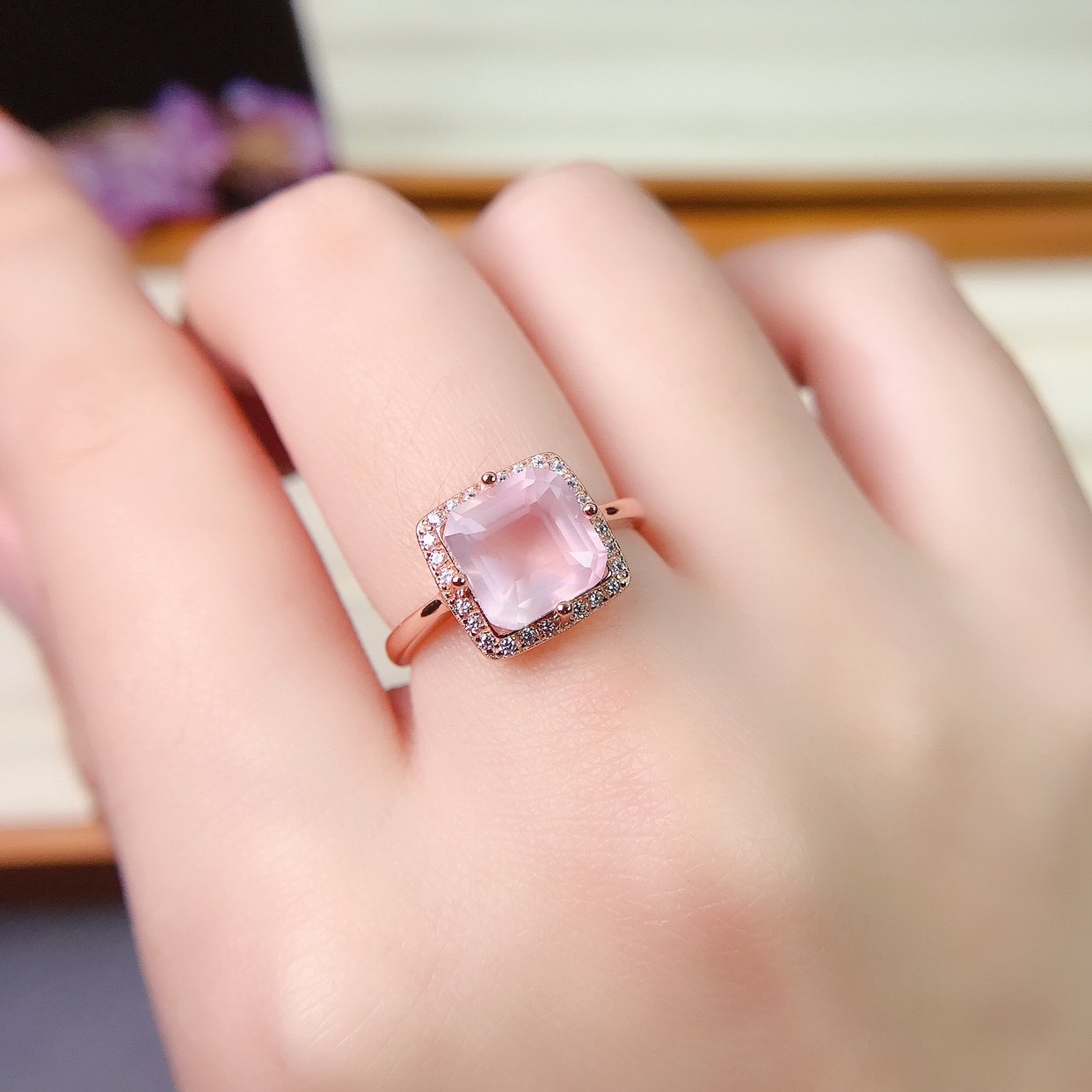 天然阿斯切粉水晶芙蓉石戒指女925银镀18k金个性切工时尚水晶指环