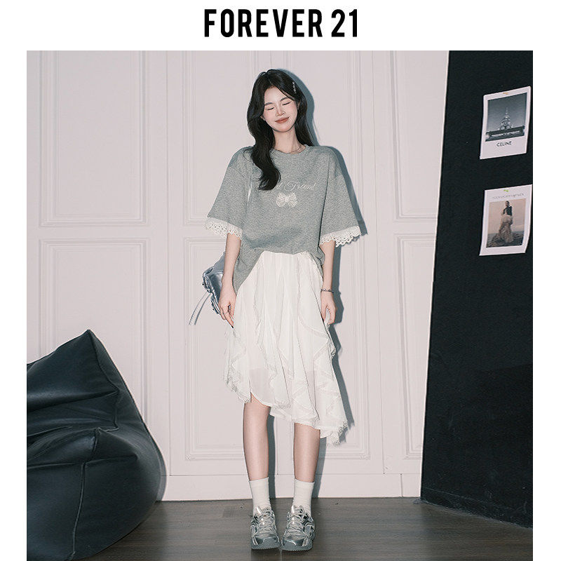 Forever21春日独特A字不规则半身裙女白色高腰度假风蕾丝蛋糕短裙