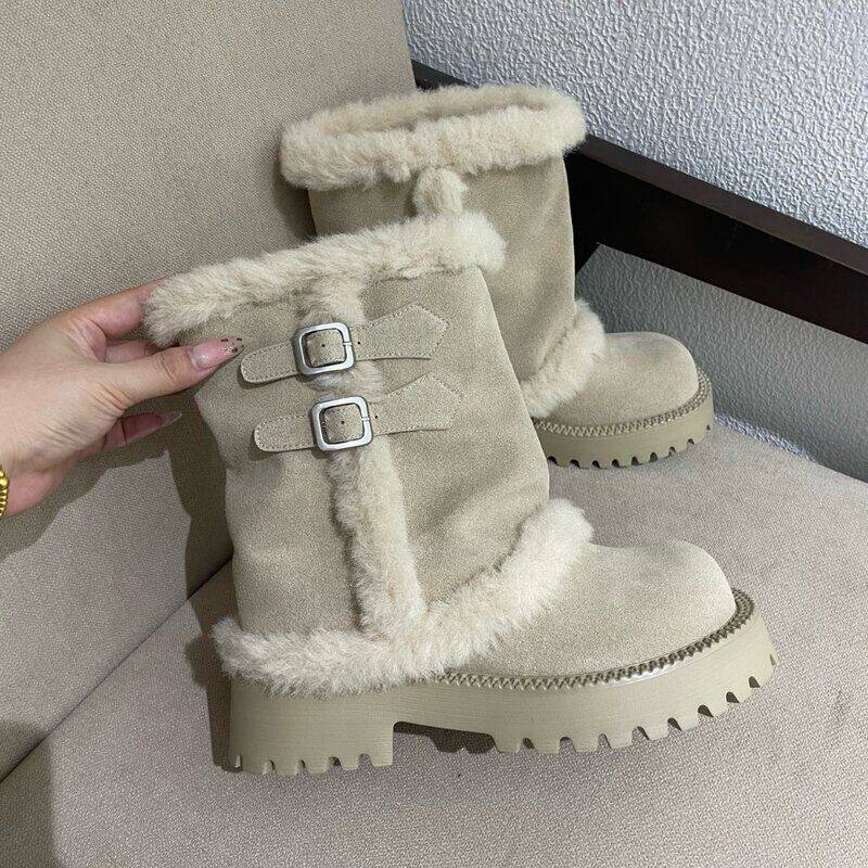 裤管雪地靴-保暖加绒厚底中筒靴棉鞋女雪地靴冬季新款真皮增高女