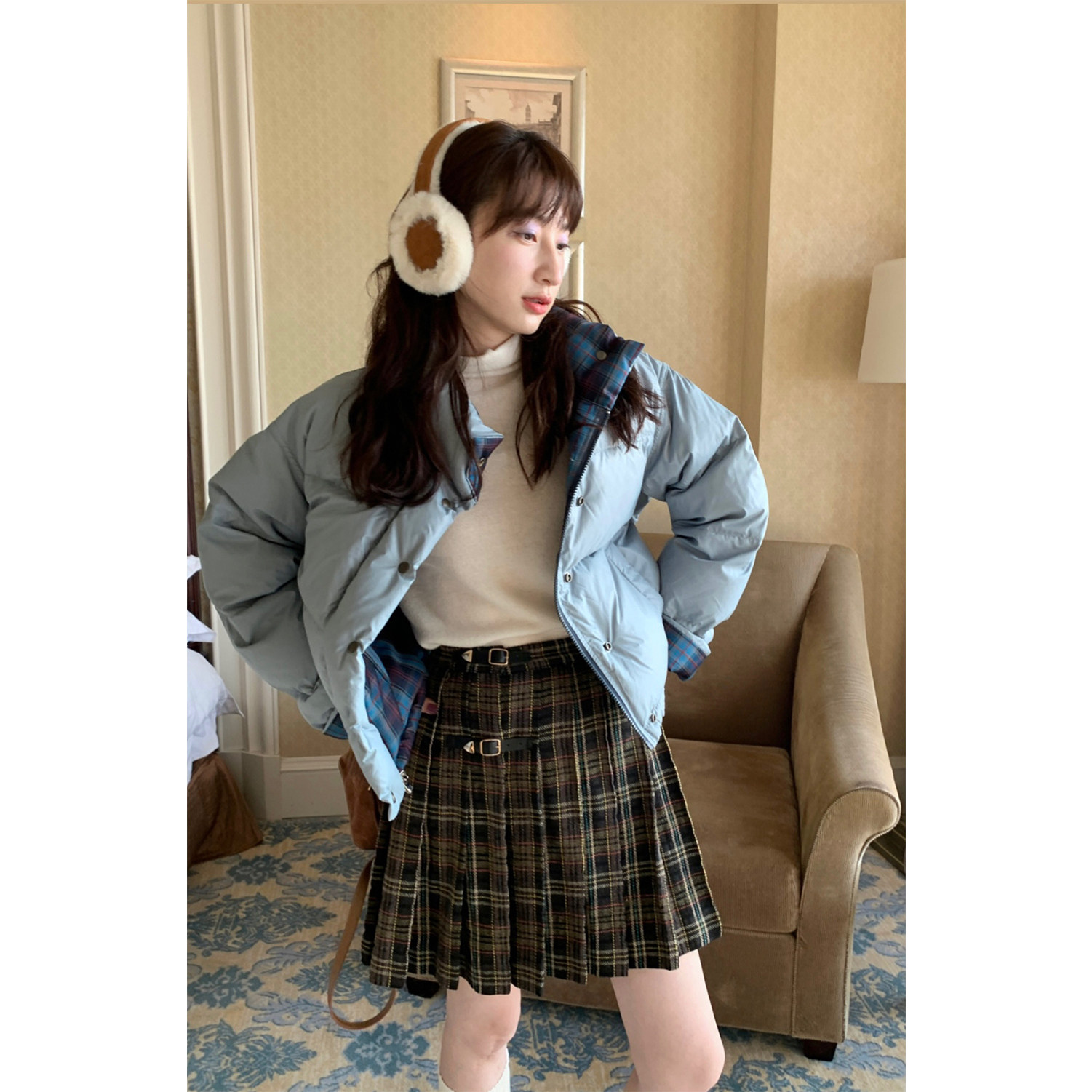 Tetu STUDIO 复古百褶格纹皮袢短裙学院风百搭高腰A字半裙,女装/女士精品,半身裙,淘宝优惠券,粉丝福利购,淘宝优惠卷