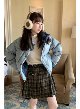 Tetu STUDIO 复古百褶格纹皮袢短裙学院风百搭高腰A字半裙