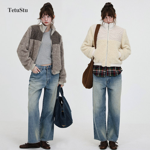 Tetu STUDIO 2026SS 两色绞花羊毛针织拼接羊羔毛短款外套