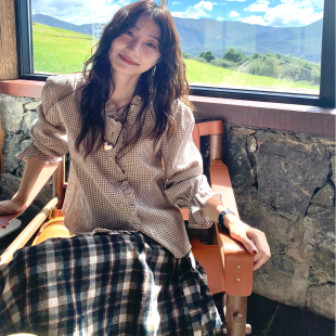 两色优雅木耳边小v领厚实格纹衬衫 2025SS STUDIO Tetu