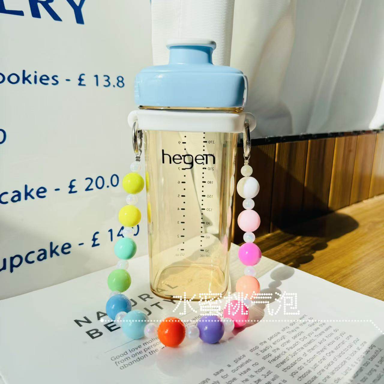 适用于Hegen赫根奶瓶彩色奶油珠编织手提挂绳杯套儿童喝水杯配件