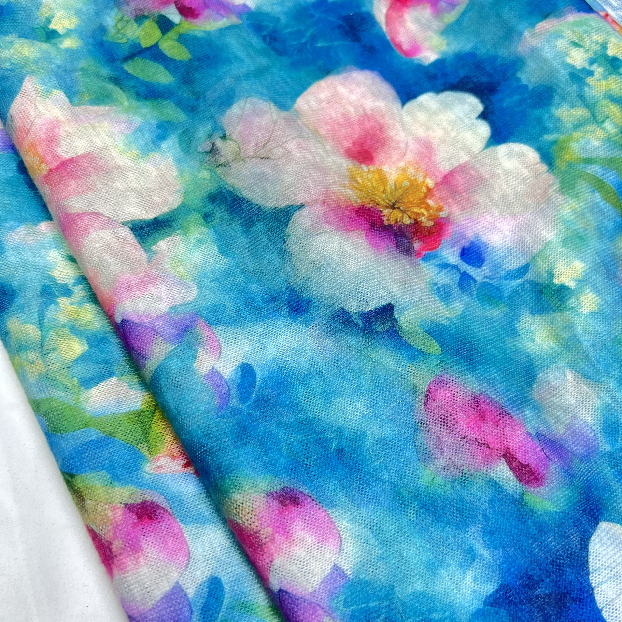 针织印花布料 蓝绿花朵水彩亮色晕染弹力毛衣上衣连衣裙服装面料