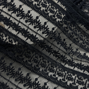 网纱刺绣布料 棉线花边条纹绣花精致柔软灰黑上衣连衣裙蕾丝面料