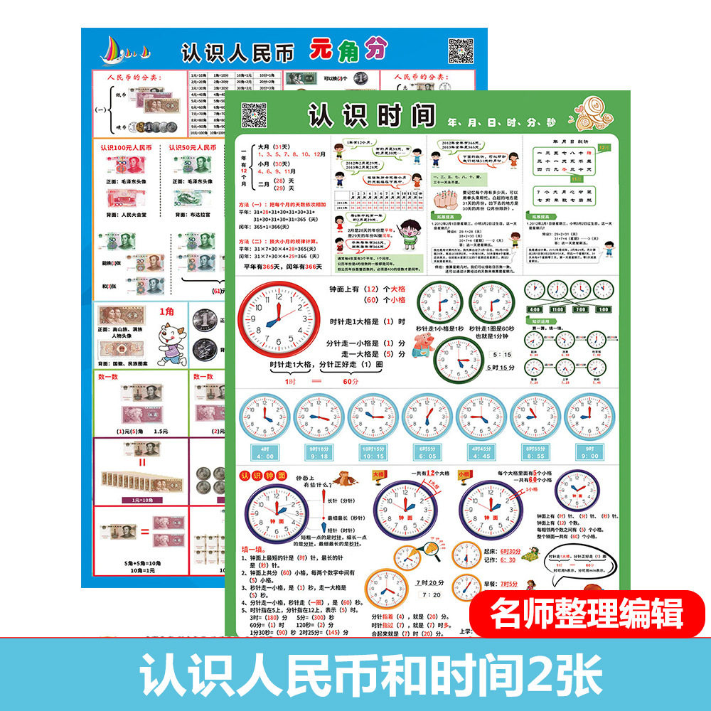 幼儿园学前班小学生挂图墙贴-认识人民币和时间基本常识学习认识