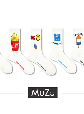 5双装木子白袜原创潮流袜子男纯棉中筒春夏白色个性卡通可爱长袜