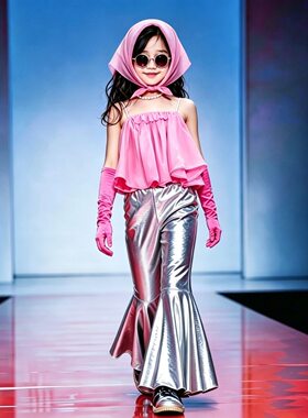 复古走秀潮服2026春夏新款女童港风一字领抹胸银色喇叭裤两件套装
