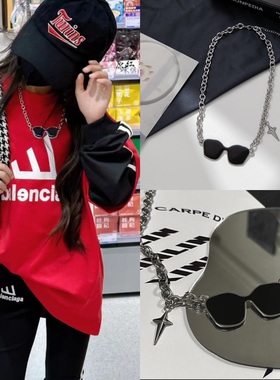 韩版儿童钛钢墨镜吊坠街舞项链男女童简约百搭星芒拼接毛衣链配饰