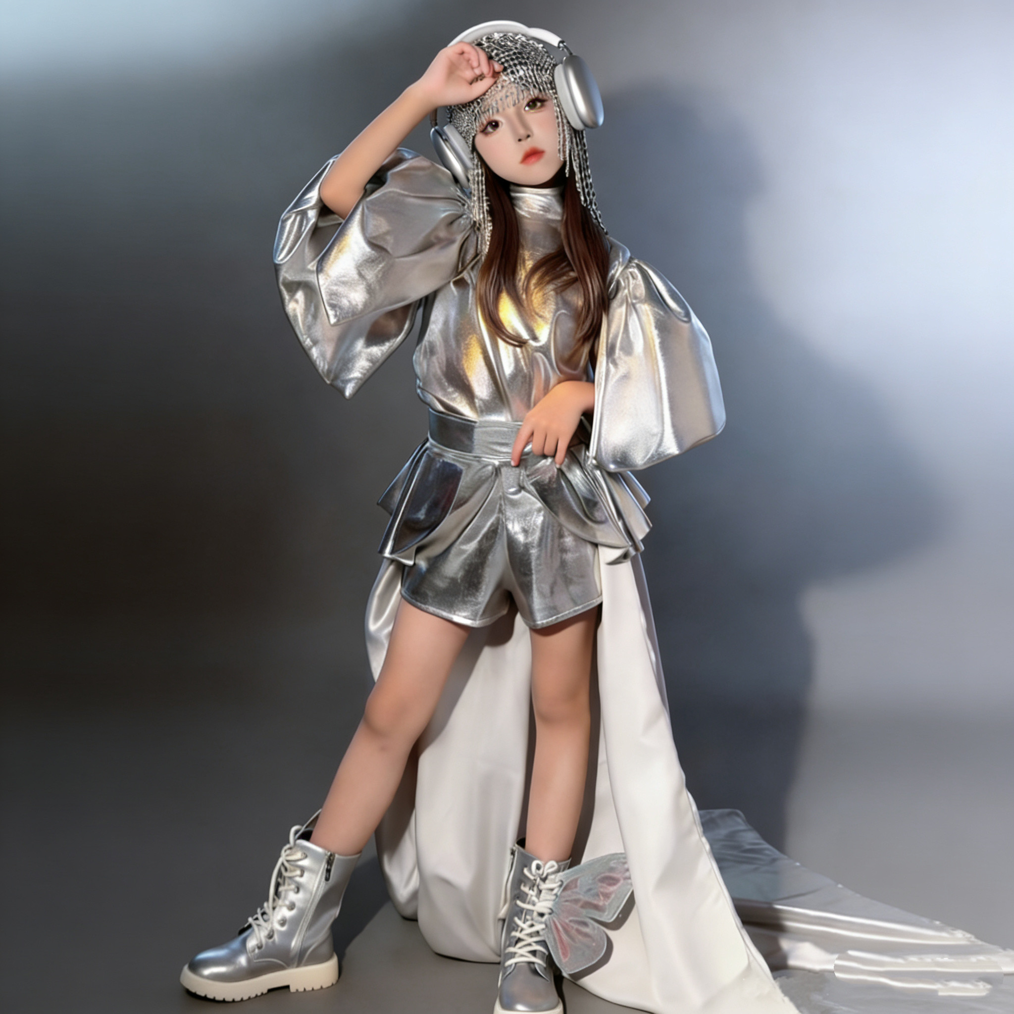 影楼六一儿童未来科技T台朋克走秀幼儿园银色三体元宇宙演出潮服图片