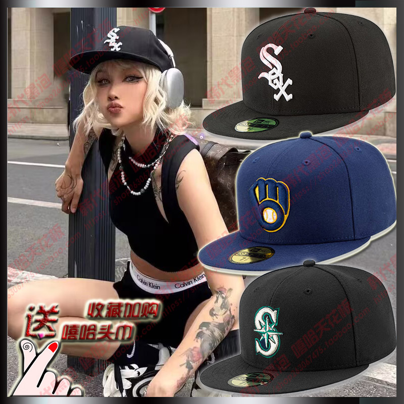 白袜队SOX芝加哥平沿棒球帽 大号嘻哈全封BBOY复古雅痞风男女板帽