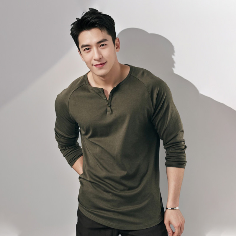 铁血肌肉男士复古亨利衫长袖t恤狗兄弟运动健身纯棉弹力薄款V领衫