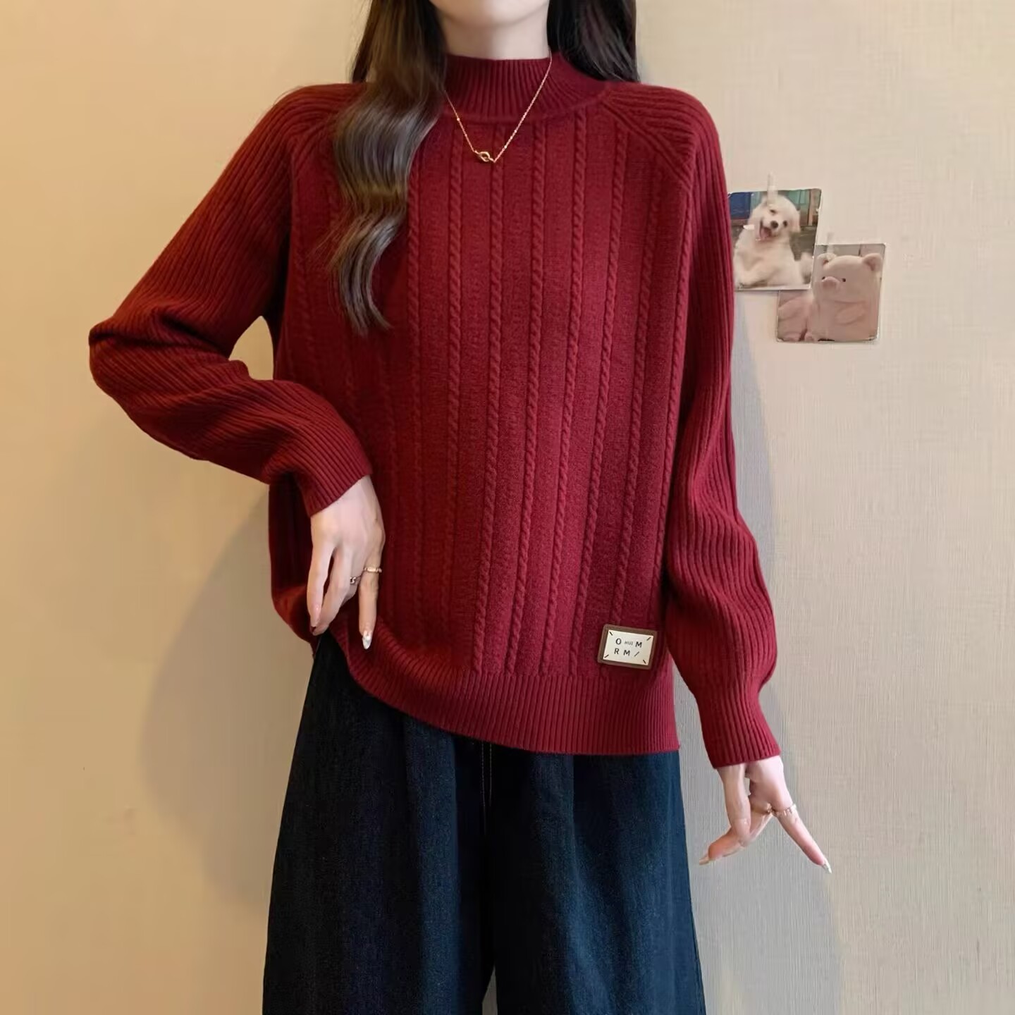 安哥拉红麻花提花订标半高领毛衣女秋冬慵懒风时尚打底针织衫上衣